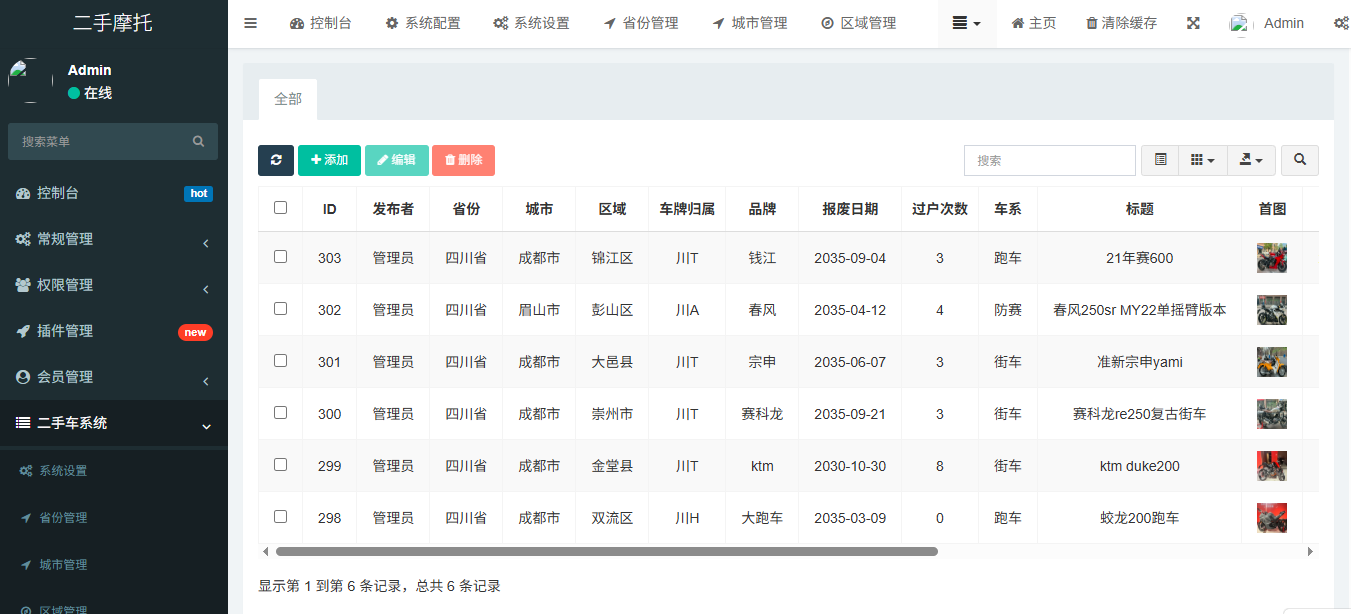 二手摩托车展示小程序后台管理界面